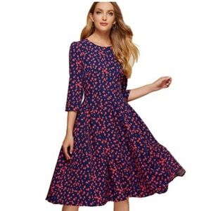 Navy & Pink Floral Pleated‎ Dress. Size L